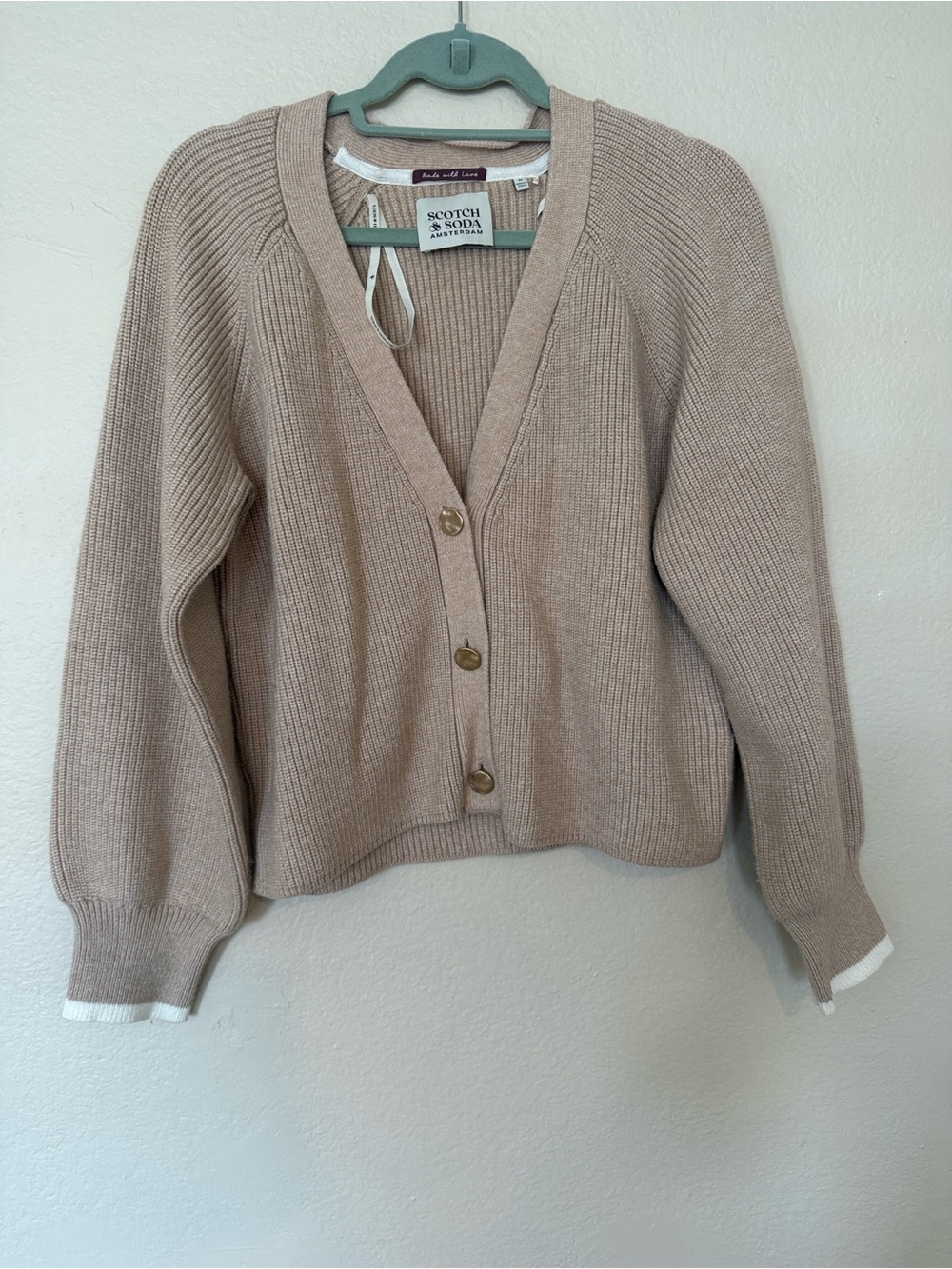 Scotch & Soda Taupe Ribbed V-Neck Button Cardigan with Contrast Cuffs Size M